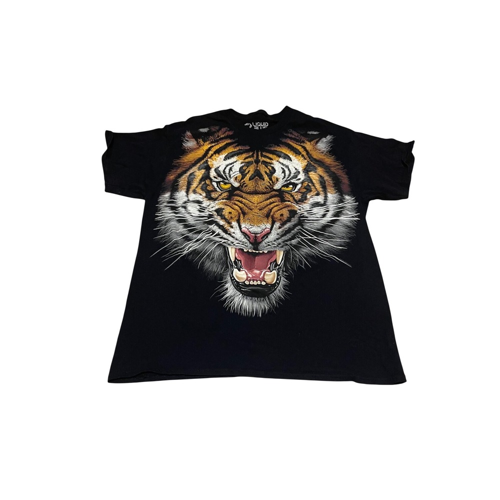 Liquid Blue Tiger Face Graphic T-Shirt Mens Large Black Short Sleeve Cotton Tee
